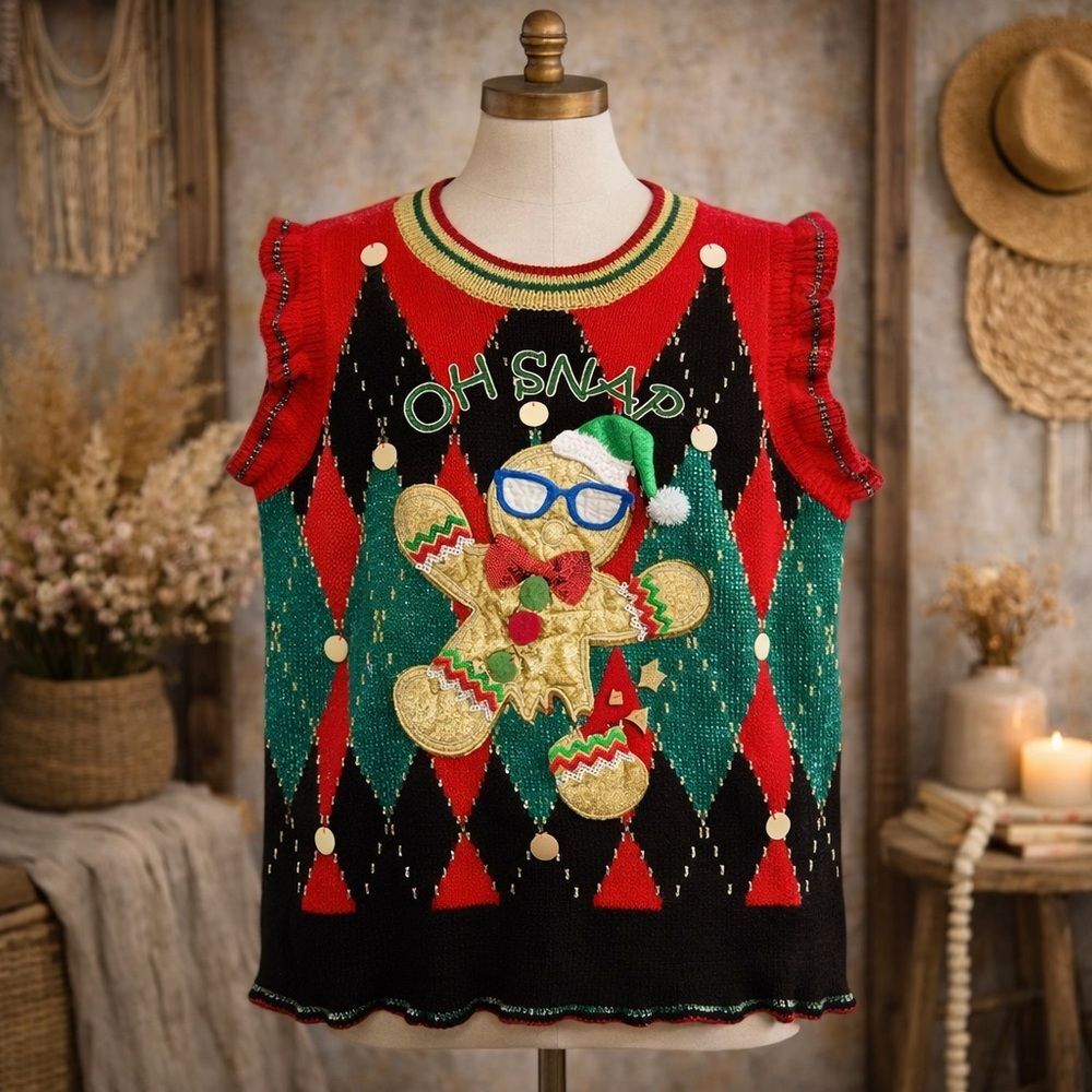 Blizzard Bay Womens Ugly Christmas Sweater Vest Gingerbread Man Oh Snap Large